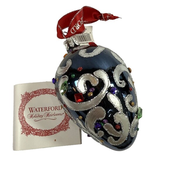 Waterford Sapphire Scroll Egg Jeweled Blown Glass Ornament Rare 1997 Handmade - Picture 6 of 13